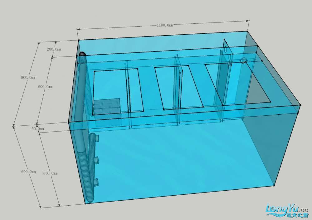 小弟家里地方有限 因此设计背滤鱼缸长110cm 宽60cm 高60cm 水位高
